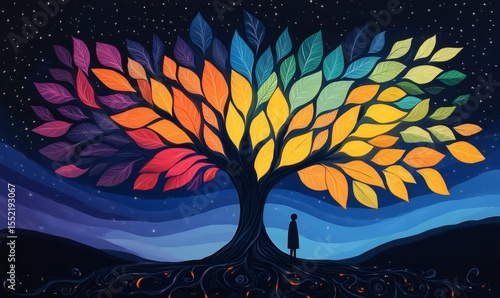 Surreal colorful tree with rainbow leaves growing under starry night sky being admired by a young person