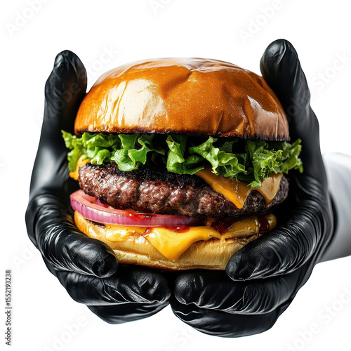 The chef wearing black gloves holding a smashed burger, chef in black gloves showcases a smashed burger, isolated on transparent background