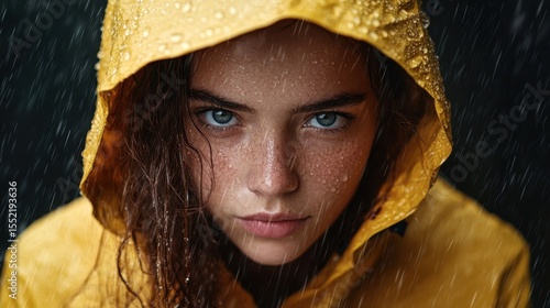 A captivating portrait of a young woman wearing a yellow raincoat, showcasing her piercing blue eyes, as raindrops cascade down, highlighting emotion and resilience in adverse weather.