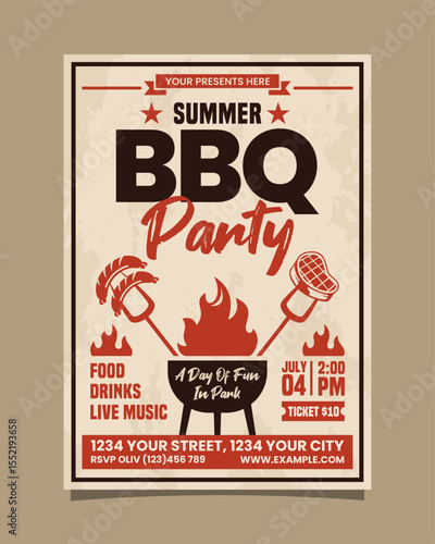 Summer BBQ Party Portrait flyer, bbq invitation retro poster vector template design