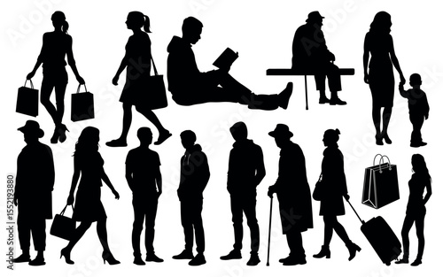 Diverse group of people in silhouette with shopping bags and luggage