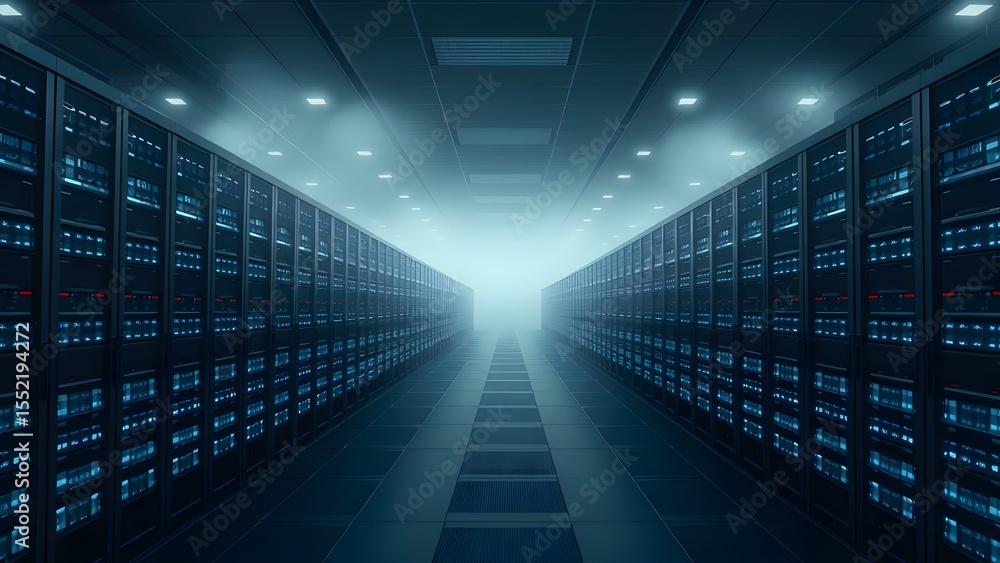 A modern server room with illuminated data storage units in a foggy environment, showcasing technological advancement. A modern server room with illuminated data storage units in a foggy environment, showcasing technological advancement.