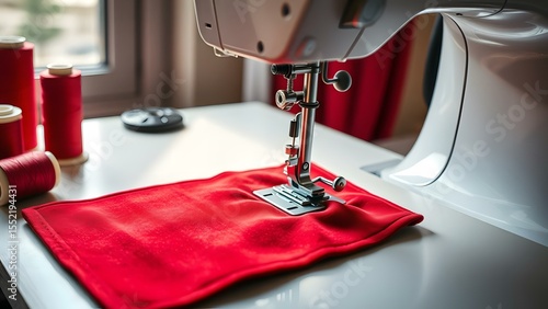 Bright red fabric is being sewn on a modern sewing machine, showcasing the art of textile craft and creativity.