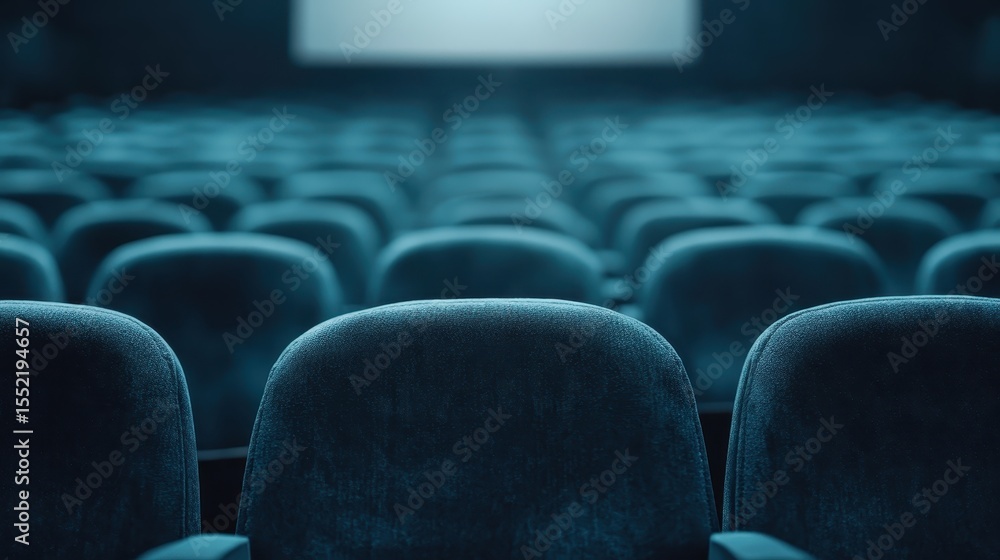 Fototapeta premium Rows of empty plush movie theater seats create a serene and anticipatory atmosphere, symbolizing leisure, entertainment, and the experience of cinematic storytelling.