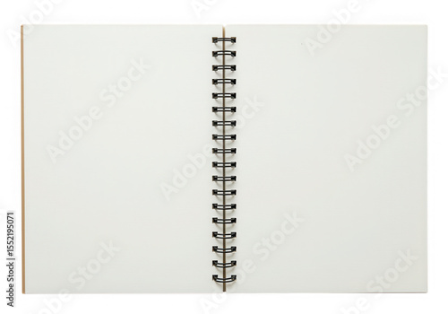 Open spiralbound notebook with blank white pages, isolated on transparent background