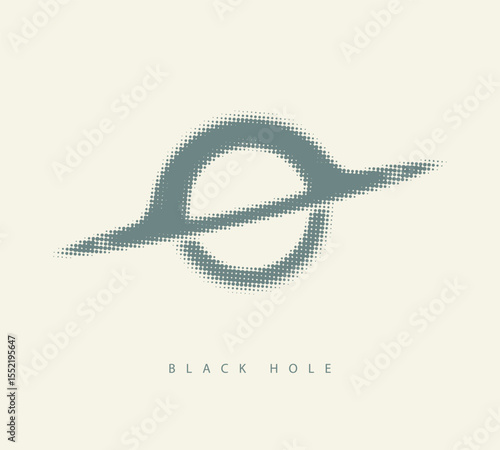 Vector minimalist logo or banner made of pixels or dots with black hole or planet with rings on the theme of space, astronomy, astrophysics and universe. T-shirt design. Not used aI
