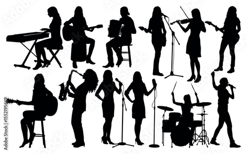 Diverse group of women musicians playing various instruments and singing silhouette