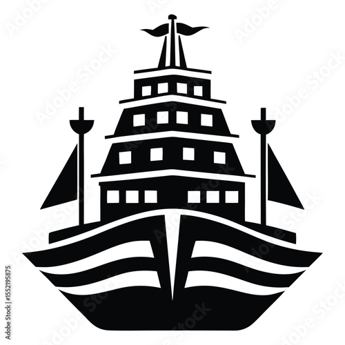 Stylized Black Silhouette of a MultiStory Ship with Sails on a White Background