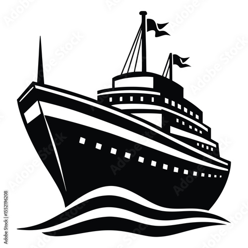 Illustrated Black and White Cruise Ship with Flags Navigating Ocean Waves Design