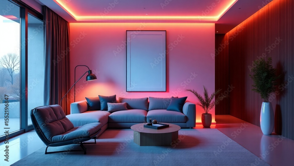 Modern Living Room Pink and Red L E D Lighting Gray Sofa Modern Living Room Pink and Red L E D Lighting Gray Sofa