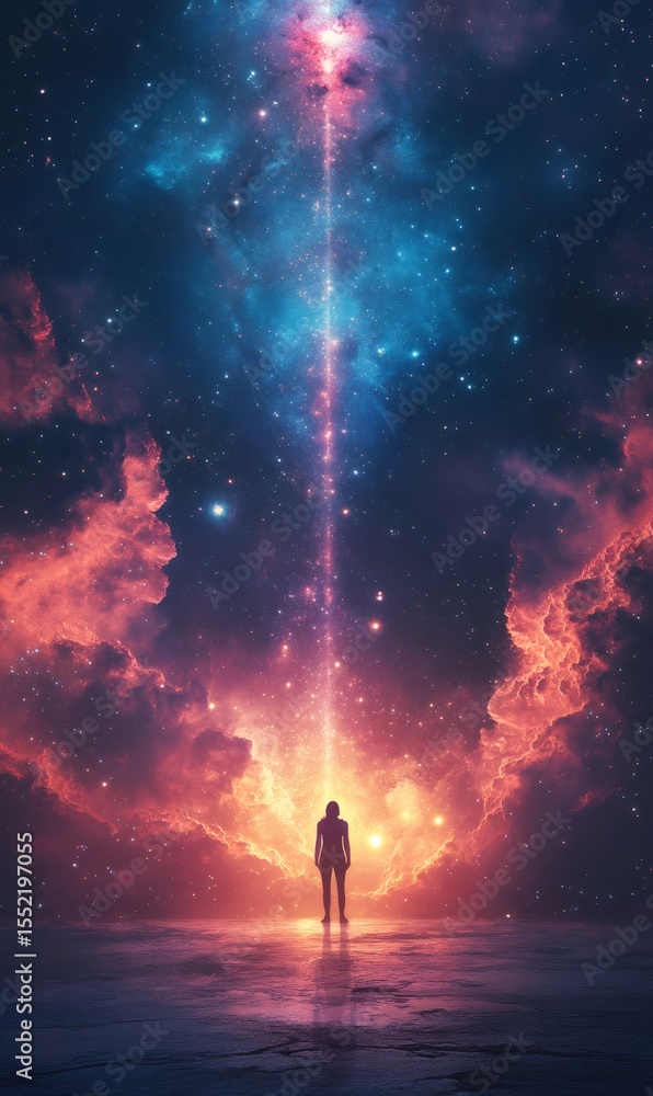 Fototapeta premium Woman standing in front of a magical light beam coming from the center of the universe, exploring the galaxy