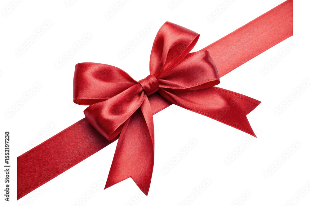 Elegant red satin ribbon bow tied on a diagonal strip isolated on transparent background Elegant red satin ribbon bow tied on a diagonal strip isolated on transparent background