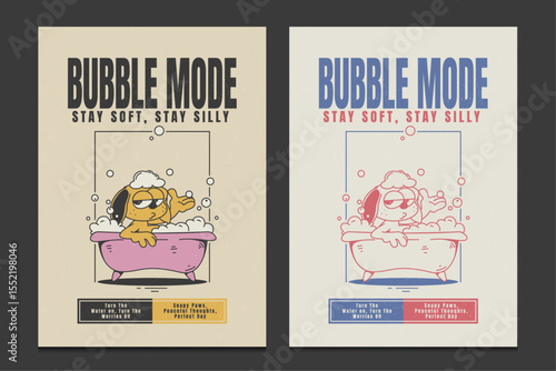 cute retro-style cartoon poster featuring a chill puppy enjoying a bubble bath, vector illustration