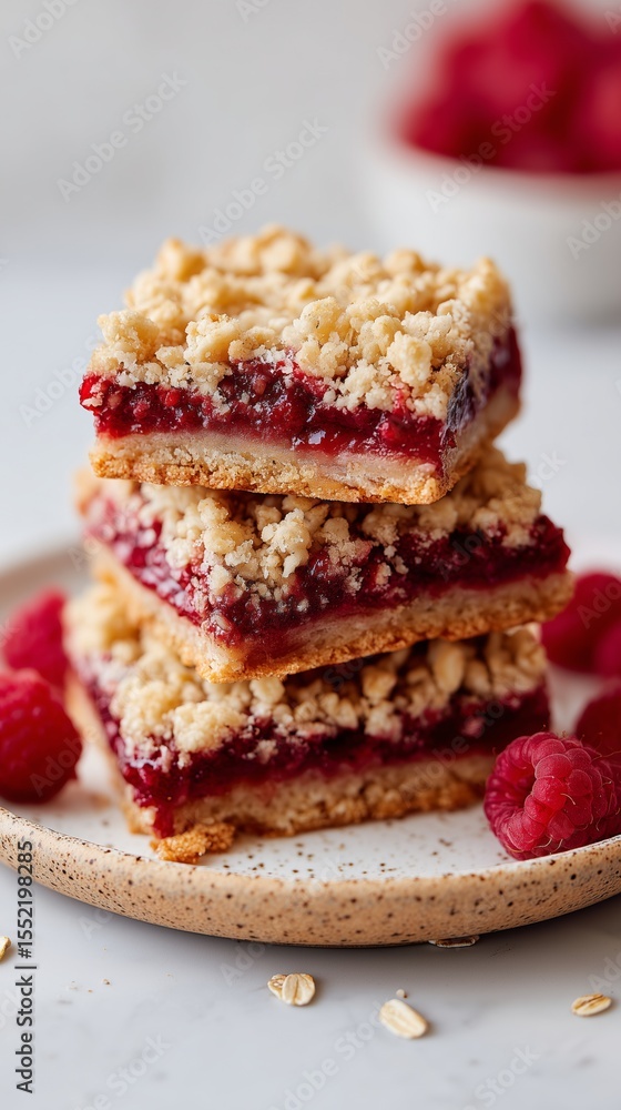 Raspberry Oat Crumble Bars Stacked on Ceramic Plate with Soft Café Styling Raspberry Oat Crumble Bars Stacked on Ceramic Plate with Soft Café Styling