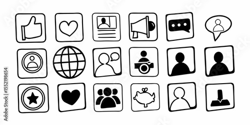Collection of Hand-Drawn Illustrations Featuring User Profiles, Like Buttons, Megaphones, and Global Networks.