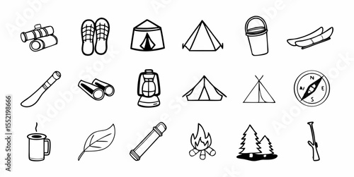 Vector Symbols for Nature Exploration, Wilderness Survival, and Recreational Activities, Isolated on White.