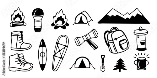 Set of Camping, Hiking, and Outdoor Adventure Icons in Black and White Outline Doodle Style.