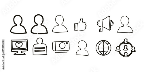 Set of Social Media and User Interface Icons in Black and White Outline Doodle Style for Digital Communication.