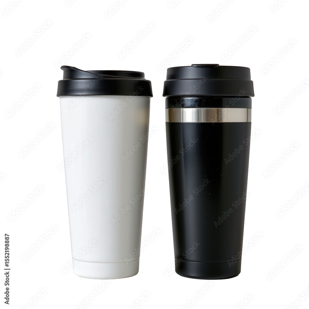 Two Reusable Coffee Mugs in White and Black Colors with Lids for Eco-Friendly Beverage Enjoyment Two Reusable Coffee Mugs in White and Black Colors with Lids for Eco-Friendly Beverage Enjoyment