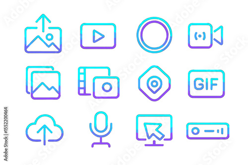 Neon gradient media icons with vibrant colors on dark background