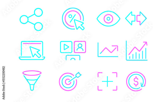 Neon icons: marketing and digital analysis in blue and pink glow