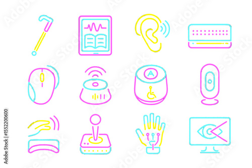 Neon icons of assistive technology devices on dark background