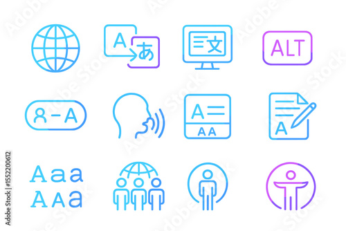 Neon icons representing accessibility and language on digital platforms