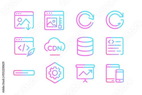 Neon web development icons set with cloud, code, and device symbols