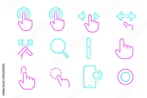 Neon gesture icons set: touch, swipe, zoom, search, tap, rotate symbols