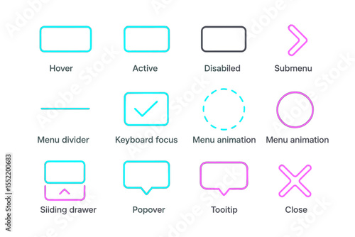 Neon ui elements with hover, active, disabled states and animation effects
