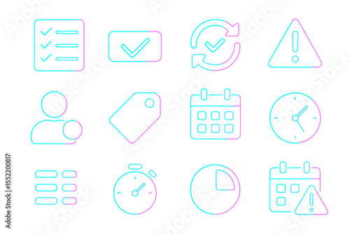 Neon icons set: checklist, tag, calendar, clock, warning symbols