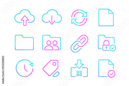 Neon glowing icons for cloud syncing and file management