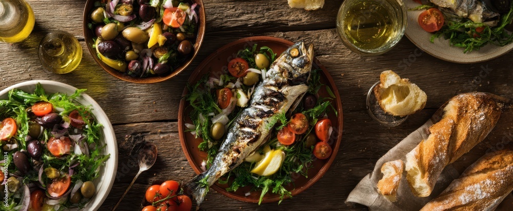 The grilled fish served with fresh salads and artisanal bread on a rustic table. The grilled fish served with fresh salads and artisanal bread on a rustic table.