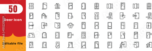 Door line vector icons set. Thin  Pixel perfect vector illustration Editable stroke. Containing enter, exit, doorbell, knock, open door, home, closed door, pull, push, and more