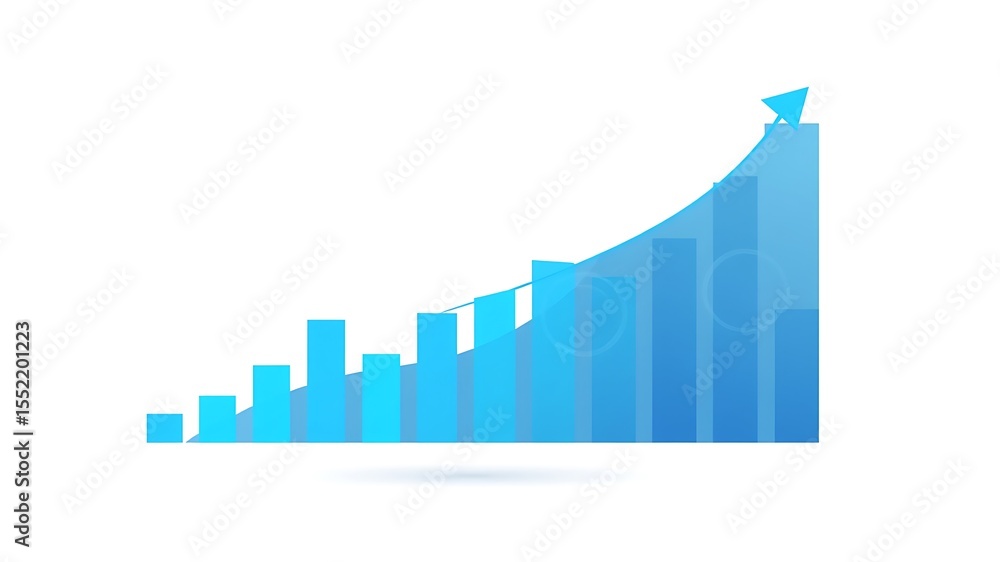 Fototapeta premium A vibrant blue bar graph illustrates a steady upward trend culminating in a sharp ascent symbolizing growth and success