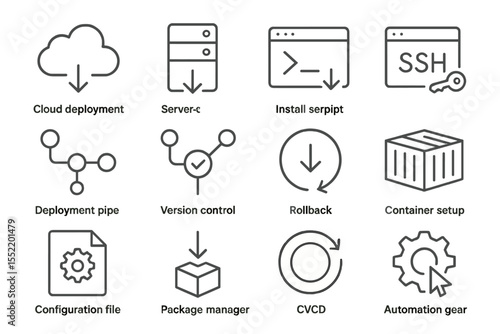 Tech interface illustrations for cloud deployment and automation solutions