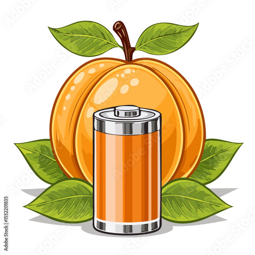 Battery power concept with orange fruit, green leaves, full power level and energy for creative design