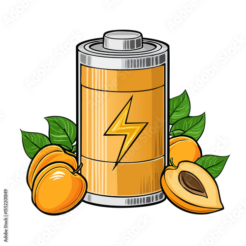Battery with Energy Bolt and Apricots in Cartoon Style, Orange and Yellow Color on Black Background
