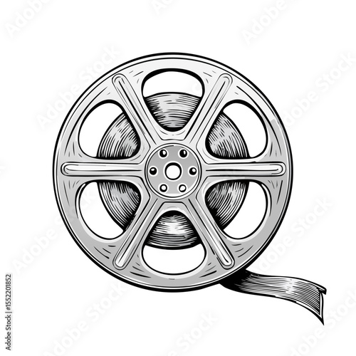 Hand Drawn Style Film Reel Illustration Movie Film Roll Vintage Style Cinema Media Industry Isolated On Black Background