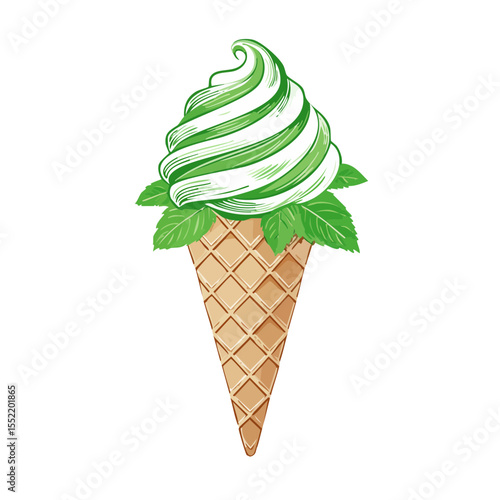 Delicious Mint Ice Cream Cone with Fresh Green Leaves on a Black Background Refreshing Summer Treat Vector Illustration