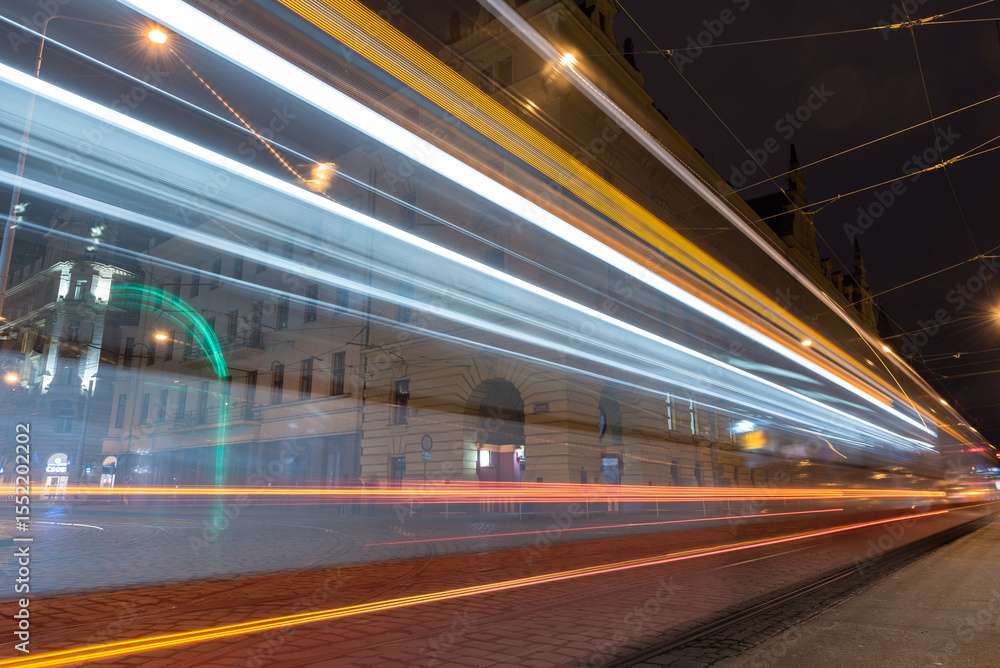 Old Town Architecture and Tram in Action in Prague. Long Exposure Photo Shoot. Old Town Architecture and Tram in Action in Prague. Long Exposure Photo Shoot.