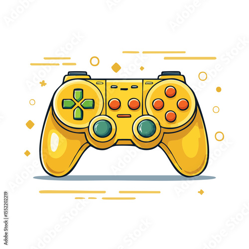 Yellow game controller, joystick, pad, video game console, entertainment object, black background with abstract geometric elements.