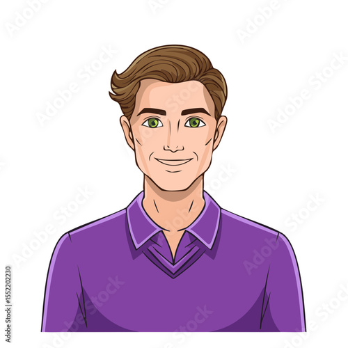 Smiling Cartoon Man in Purple Polo Shirt with Green Eyes, Vector Illustration