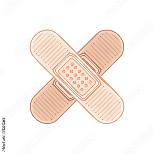 Crossed bandages for first aid concept symbol on black background. Adhesive plasters represent wound care and medical treatment.
