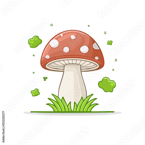 Cartoon mushroom illustration with red cap and white spots growing in green grass on black background fantasy nature scene fungi plant
