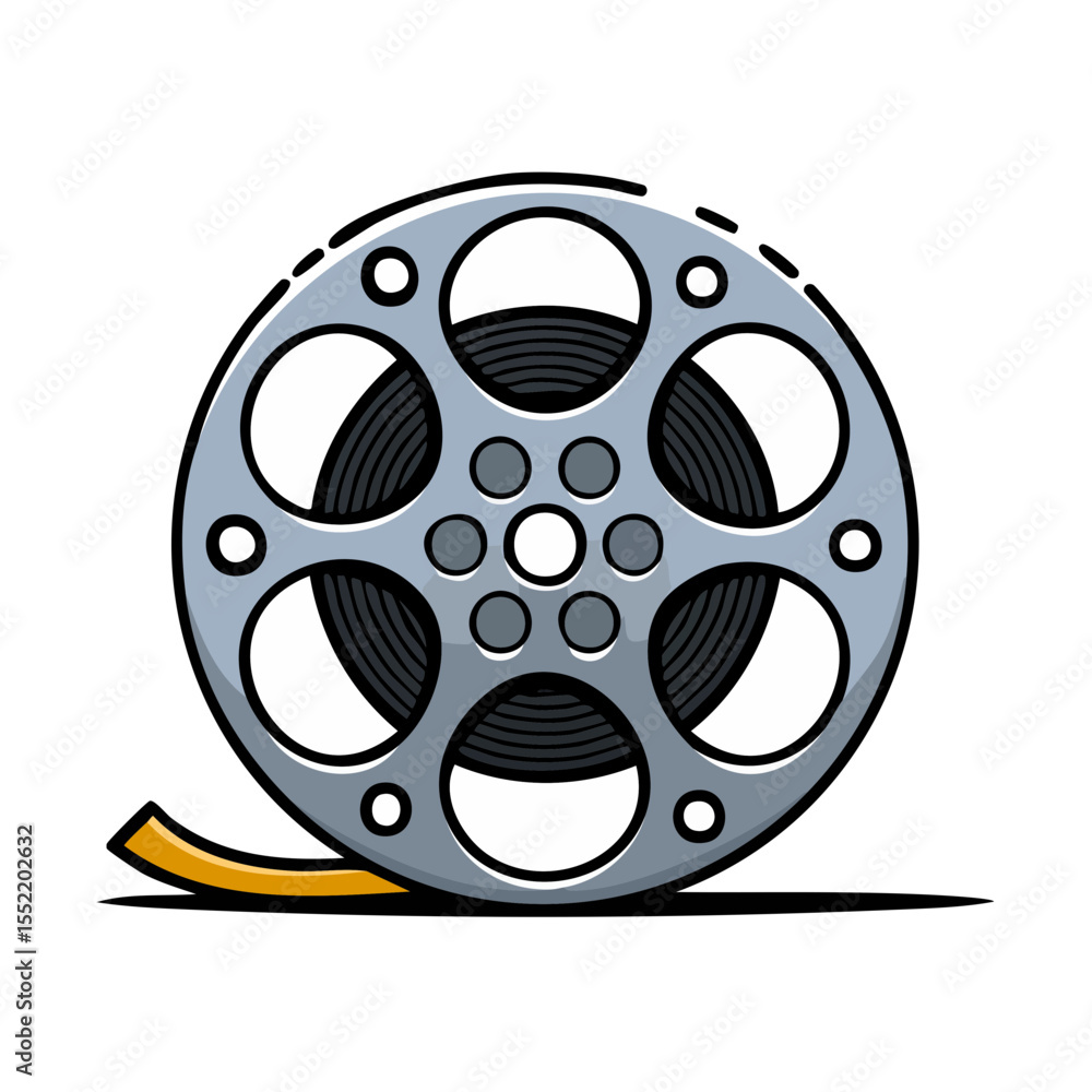 Fototapeta premium Animated Cartoon Movie Film Reel Illustration Silver Gray with Yellow Film Strip on Black Background