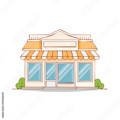 Charming storefront illustration with awning and decorative shrubs creating inviting street scene for business or commercial design use