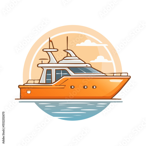 Orange Luxury Yacht Cartoon Illustration On Ocean With Clouds and Sun Background, Watersports Cruise Concept
