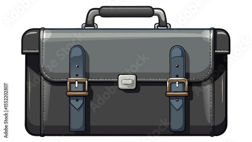 Charcoal gray leather briefcase accented by chrome buckles sits powerfully on a white background. Sleek and understated, it's ideal for the minimalist corporate visionary.