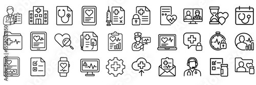 Medical Report and Health Record Outline Icon Pack – Featuring Doctor, Test, Monitoring, Patient File, and Diagnosis Symbols.